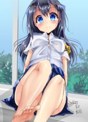 Rule 34 | 1girl, aikawa fuuri, arm support, armband, barefoot, black hair, blue eyes, blush, breasts, dated, hair ornament, indoors, long hair, looking at viewer, mokufuu, original, school, sitting, sketch, small breasts, smile, solo, window