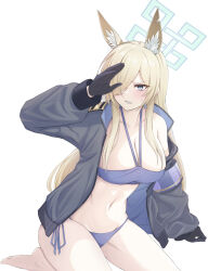 Rule 34 | 1girl, absurdres, alternate costume, animal ear fluff, animal ears, arm support, bikini, black gloves, black jacket, blue archive, blue bikini, blush, breasts, cleavage, commentary request, cosplay, covering face, dog ears, dog girl, embarrassed, gloves, grey eyes, hair over one eye, halo, hasarang, highres, jacket, kanna (blue archive), large breasts, light brown hair, long bangs, long hair, looking at viewer, navel, open clothes, open jacket, police, police uniform, policewoman, sharp teeth, side-tie bikini bottom, sidelocks, simple background, sitting, sleeveless, solo, stomach, sweatdrop, swimsuit, teeth, uniform, valkyrie police academy student (blue archive), valkyrie police academy student (sg) (blue archive), valkyrie police academy student (sg) (blue archive) (cosplay), wariza, white background