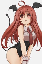 Rule 34 | 1girl, ahoge, bare shoulders, blush, breasts, demon tail, embodiment of scarlet devil, female focus, gloves, head wings, highres, kamo (yokaze), koakuma, long hair, necktie, red eyes, red hair, simple background, solo, tail, touhou, white background, wings