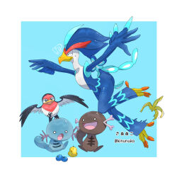 Rule 34 | !?, 1other, arms up, artist name, banana peel, beak, berry (pokemon), bird, bird tail, black eyes, blue background, blue eyes, blue fur, blue hair, body fur, border, claws, closed mouth, constricted pupils, creatures (company), from side, furry, game freak, gen 2 pokemon, gen 3 pokemon, happy, highres, kinunuko, leaning forward, leg up, medium hair, multicolored fur, multicolored hair, nintendo, on head, open mouth, oran berry, other focus, outside border, outstretched arms, paldean wooper, pokemon, pokemon (creature), pokemon on head, profile, quaquaval, simple background, sitrus berry, smile, spread arms, standing, standing on one leg, straight-on, surprised, sweat, tail, taillow, tripping, twitter username, two-tone hair, watermark, white border, white eyes, white fur, wooper