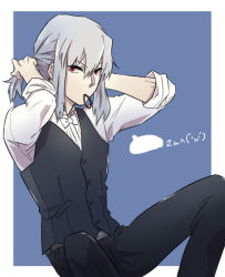 Rule 34 | 00s, 1boy, adjusting hair, alternate costume, alternate hairstyle, belt, bow, bowtie, carnival phantasm, formal, male focus, mouth hold, ponytail, red eyes, short hair, sitting, solo, tohno shiki (2), traditional bowtie, tsukihime, vest, white hair
