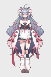 Rule 34 | 1girl, absurdres, ahoge, animal ears, apron, asymmetrical legwear, bell, brown dust 2, capelet, cat ears, cat girl, closed mouth, frilled skirt, frilled sleeves, frills, full body, grey hair, hair between eyes, hair ribbon, heart-shaped ornament, highres, jingle bell, light blush, long hair, looking at viewer, maid apron, maid headdress, ondohan, paw print, pink eyes, ribbon, rou (brown dust), skirt, solo, string around neck, very long hair, wide sleeves