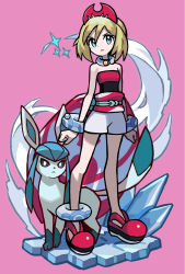 Rule 34 | 1girl, anklet, blonde hair, blue eyes, bracelet, closed mouth, collar, commentary request, creatures (company), eyelashes, full body, game freak, gen 4 pokemon, glaceon, hair between eyes, hairband, highres, irida (pokemon), jewelry, looking at viewer, medium hair, nintendo, pink background, pokemon, pokemon (creature), pokemon legends: arceus, red footwear, red hairband, red shirt, sash, shirt, shoes, shorts, standing, strapless, strapless shirt, white shorts, yoyoyoyoyo (turuse)