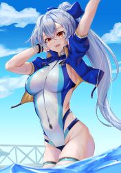 Rule 34 | 1girl, absurdres, arm up, blue one-piece swimsuit, breasts, fate/grand order, fate (series), highres, large breasts, one-piece swimsuit, outdoors, solo, swimsuit, tagme, thigh strap, thighs, tomoe gozen (fate), tomoe gozen (swimsuit saber) (fate), tomoe gozen (swimsuit saber) (first ascension) (fate), turtleneck, turtleneck one-piece swimsuit, water, yahan (mctr5253)