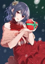 Rule 34 | 1girl, :d, bare shoulders, black hair, bow, box, breath, commentary request, dress, earrings, flower, gift, gift box, hair flower, hair ornament, hands up, heart-shaped box, highres, holding, holding gift, idolmaster, idolmaster shiny colors, jewelry, looking at viewer, morino rinze, one side up, open mouth, pink bow, red dress, red eyes, sleeveless, sleeveless dress, smile, snowing, solo, white flower, yappen