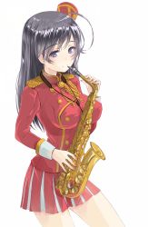 Rule 34 | 1girl, ahoge, aiguillette, alternate costume, alto saxophone, band uniform, black eyes, black hair, buttons, closed mouth, commentary, cowboy shot, double-breasted, epaulettes, girls und panzer, hat, holding, holding instrument, instrument, isuzu hana, jacket, long hair, long sleeves, marching band, mini hat, miniskirt, pleated skirt, red hat, red jacket, red skirt, saxophone, simple background, skirt, smile, solo, standing, white background, yurikuta tsukumi