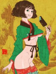 Rule 34 | 1girl, absurdres, bob cut, bottomless, breasts, brown hair, brown nails, chocolate popsicle, cowboy shot, fine art parody, food, green eyes, green kimono, highres, holding, holding food, holding popsicle, inkan, japanese clothes, kimono, looking to the side, navel, nihonga, no bra, no panties, open mouth, original, parody, pelvic curtain, popsicle, sei5osuzuki, small breasts, thighhighs, underboob, yellow background