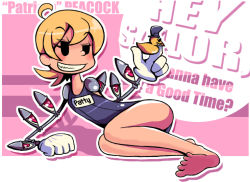 Rule 34 | 1girl, ahoge, altronage, avery (skullgirls), barefoot, extra eyes, eye socket, flat chest, gloves, grin, lying, mechanical arms, naughty face, on side, one-piece swimsuit, orange hair, peacock (skullgirls), red eyes, rubber duck, school swimsuit, sharp teeth, short hair, skullgirls, smile, solo, swimsuit, teeth, white gloves