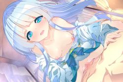 Rule 34 | 1girl, :o, blue bow, blue eyes, blue hair, blush, bottomless, bow, breasts, censored, eyebrows, flower knight girl, fujishima-sei ichi-gou, game cg, hatsuyukisou (flower knight girl), hetero, japanese clothes, long hair, looking at viewer, mosaic censoring, nipples, official art, open mouth, sex, silver hair, small breasts, solo focus, straddling, thick eyebrows, vaginal, waist bow