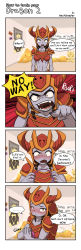 Rule 34 | 1girl, 4koma, absurdres, angry, armor, black hair, blue skin, blush, collar, colored skin, comic, english text, engrish text, gold, highres, jarvan iv (league of legends), league of legends, nestkeeper, ranguage, shyvana, yellow eyes