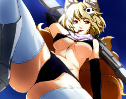 Rule 34 | 1girl, animal ears, bare shoulders, bikini, black bra, black gloves, blonde hair, blue background, blue sky, boots, bra, breasts, breasts apart, bullet, cameltoe, cartridge, cosplay, covered erect nipples, dearmybrothers, dutch angle, elbow gloves, female focus, fox ears, fox tail, from below, gloves, hair ornament, large breasts, legs, lingerie, multiple tails, navel, outdoors, parody, scarf, shiny skin, short hair, short shorts, shorts, simple background, skull hair ornament, sky, solo, spread legs, swimsuit, tail, tengen toppa gurren lagann, thick thighs, thighhighs, thighs, touhou, underboob, underwear, white thighhighs, yakumo ran, yellow eyes, yoko littner, yoko littner (cosplay)