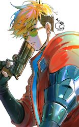 Rule 34 | 1boy, agl arms .45 long colt, bae (baebae), black gloves, black hair, blonde hair, blue eyes, break-action revolver, closed mouth, dated, earrings, fingerless gloves, glasses, gloves, gun, hand up, handgun, highres, holding, holding gun, holding weapon, jacket, jewelry, looking at viewer, low bore axis revolver, male focus, mole, mole under eye, orange-tinted eyewear, prosthesis, prosthetic arm, red jacket, revolver, round eyewear, short hair, simple background, single earring, solo, tinted eyewear, trigun, trigun stampede, undercut, upper body, vash the stampede, weapon, white background