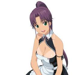 Rule 34 | 1girl, :d, a1 (initial-g), absurdres, apron, arm ribbon, asuka (dream c club zero), bare shoulders, breasts, cleavage, dream c club, dream c club (series), female focus, green eyes, highres, long hair, open mouth, ponytail, purple hair, ribbon, simple background, smile, solo, tan, tanline, white background