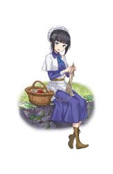 Rule 34 | 1girl, :d, basket, black hair, blue eyes, blunt bangs, boots, brown footwear, capelet, cross-laced footwear, full body, grass, hair ornament, hair up, hat, highres, josie rosebud, knitting, knitting needle, lace-up boots, looking at viewer, maid cap, mob cap, mole, mole under eye, needle, official art, on wall, open mouth, princess principal, princess principal game of mission, sitting, smile, solo, transparent background, yarn, yarn ball