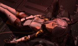 1girl bodysuit closed_eyes closed_mouth grey_hair highres joints karenina:_scire_(pgr) karenina_(pgr) long_hair lying mechanical_arms mechanical_legs on_back punishing:_gray_raven robot_joints sidelocks sleeping solo twintails white_bodysuit zero_sf