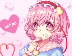 Rule 34 | 1girl, :q, bad id, bad twitter id, blue shirt, commentary request, cream, cream on face, english text, food, food on face, gradient background, hair ornament, hairband, hand up, heart, heart hair ornament, heart of string, highres, holding, holding food, komeiji satori, kyouda suzuka, lolita hairband, looking at viewer, macaron, pink background, pink eyes, pink hair, puffy short sleeves, puffy sleeves, red hairband, shirt, short hair, short sleeves, solo, tongue, tongue out, touhou, upper body, wrist cuffs