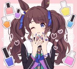 Rule 34 | 1girl, animal ears, blue eyes, brown hair, collar, fishnet top, fishnets, hands up, horse ears, jacket, long hair, long sleeves, looking at viewer, multicolored nails, nail polish bottle, nm222hz, one eye closed, open clothes, open jacket, open mouth, shirt, smile, solo, tosen jordan (umamusume), twintails, twitter username, umamusume, upper body, watch, watermark, wristband, wristwatch