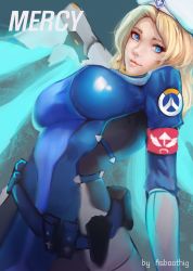 Rule 34 | 1girl, alternate hairstyle, arched back, armband, artist name, asboothig, backlighting, bad deviantart id, bad id, belt, beret, blonde hair, blue background, blue bodysuit, blue eyes, blue wings, bodysuit, breasts, character name, combat medic ziegler, commentary, eyebrows, eyelashes, gloves, glowing, glowing wings, hat, highres, large breasts, light smile, lips, logo, long hair, long sleeves, looking at viewer, mechanical wings, mercy (overwatch), nose, official alternate costume, overwatch, overwatch 1, patch, pink lips, pouch, signature, simple background, solo, upper body, utility belt, white hat, wings