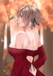 Rule 34 | 1girl, absurdres, autumn leaves, back, back cutout, bare shoulders, black ribbon, blurry, blurry background, braid, breasts, brown hair, clothing cutout, from behind, hair over one eye, hair ribbon, highres, honkai (series), honkai impact 3rd, large breasts, looking back, match (scp115), median furrow, mole, mole under eye, off-shoulder sweater, off shoulder, red eyes, red sweater, ribbed sweater, ribbon, rita rossweisse, sideboob, solo, sweater, tree