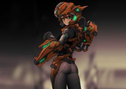 Rule 34 | 1girl, absurdres, armor, blurry, blurry background, bodysuit, brown hair, closed mouth, cowboy shot, devil lo, from behind, glowing, green eyes, helmet, highres, looking at viewer, looking back, orange armor, original, science fiction, short hair, solo