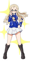 Rule 34 | 1girl, absurdres, adjusting eyewear, bc freedom military uniform, bespectacled, black footwear, blonde hair, blue-framed eyewear, blue jacket, blue vest, boots, closed mouth, commentary, dress shirt, drill hair, full body, girls und panzer, glasses, green eyes, hand on own hip, high collar, highres, jacket, knee boots, long hair, long sleeves, looking at viewer, marie (girls und panzer), military uniform, miniskirt, pleated skirt, shibainutank, shirt, simple background, skirt, smile, solo, sparkle, standing, uniform, vest, white background, white shirt, white skirt