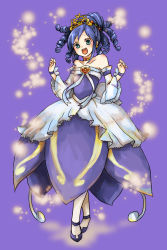 Rule 34 | 1girl, alfa system, alternate costume, ange serena, aqua eyes, bad id, bad pixiv id, bare shoulders, blue hair, buzz (moi), crown, curly hair, detached sleeves, dress, drill hair, happy, hat, pantyhose, purple background, purple dress, purple theme, short hair, solo, tales of (series), tales of innocence, white pantyhose
