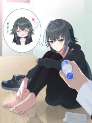 Rule 34 | 1boy, 1girl, absurdres, antenna hair, barefoot, black hoodie, black leggings, blush, bottle, bra, bra strap, commentary request, feet, gakuen idolmaster, giving, green eyes, green hair, highres, holding, holding bottle, hood, hoodie, hugging own legs, idolmaster, inner ego, knees up, leggings, long hair, looking at viewer, out of frame, pov, pov hands, producer (idolmaster), scarletowen, shoes, sitting, solo focus, sweat, thought bubble, toes, translation request, tsukimura temari, underwear, unworn shoes, very long hair, white bra