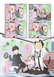 Rule 34 | 1boy, 2girls, 5koma, :&lt;, absurdres, animal ear headphones, animal ears, aqua bow, aqua necktie, arms up, black shorts, black skirt, black thighhighs, blonde hair, blue archive, bow, cat ear headphones, cat tail, check commentary, closed mouth, collared shirt, comic, commentary request, controller, faceless, faceless male, fake animal ears, game controller, green eyes, hair bow, headphones, highres, indoors, jacket, looking at another, mechanical tail, midori (blue archive), momoi (blue archive), multiple girls, necktie, open mouth, pink bow, pink eyes, playing games, sensei (blue archive), shirt, short hair, short necktie, shorts, siblings, sisters, sitting, skirt, smile, sweatdrop, tail, thighhighs, tile floor, tiles, translation request, triumph (expression), twins, wariza, white jacket, white shirt, yukie (kusaka shi), zettai ryouiki