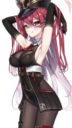 Rule 34 | 1girl, absurdres, armpits, arms up, bare shoulders, belt, blush, breasts, brooch, cleavage, covered navel, cowboy shot, crossed bangs, elbow gloves, from side, gloves, hair between eyes, heterochromia, highres, hololive, honeyhoppin, houshou marine, houshou marine (marching band), impossible clothes, impossible leotard, jewelry, large breasts, leotard, looking at viewer, pantyhose, pirate, red eyes, red hair, see-through, see-through cleavage, sideboob, simple background, smile, swept bangs, tongue, tongue out, virtual youtuber, white background, wing collar, yellow eyes