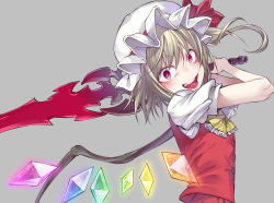 Rule 34 | 1girl, ascot, bad id, bad pixiv id, blonde hair, fang, flandre scarlet, grey background, hands up, hat, hat ribbon, highres, holding, holding sword, holding weapon, laevatein, long hair, looking at viewer, mob cap, open mouth, red eyes, red ribbon, ribbon, shiori (moechin), short sleeves, simple background, smile, solo, sword, teeth, touhou, upper body, vest, weapon, white hat, wings, yellow ascot