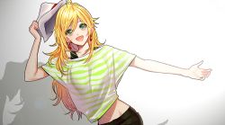 Rule 34 | 1girl, bad id, bad twitter id, blonde hair, earrings, gradient background, green eyes, hoshii miki, idolmaster, idolmaster (classic), jewelry, midriff, removing hat, rod (rod4817), shadow, shirt, solo, striped clothes, striped shirt