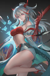 Rule 34 | 1girl, absurdres, arknights, bandeau, bare legs, bare shoulders, breasts, chinese commentary, commentary request, grey background, grey shorts, hair between eyes, half updo, hand up, highres, holding, horns, jiam009, long hair, looking at viewer, medium breasts, midriff, multicolored hair, nian (arknights), off shoulder, pointy ears, purple eyes, red hair, shoes, short shorts, shorts, silver hair, smile, solo, stomach, strapless, streaked hair, thighs, tube top