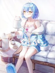 Rule 34 | 1girl, absurdres, ahoge, blue footwear, blue hair, blue jacket, blush, bob cut, breasts, camisole, character doll, character hair ornament, cleavage, closed mouth, coffee, coffee mug, coffee table, commentary, couch, crossed bangs, cup, daifuku (yukihana lamy), double-parted bangs, frilled camisole, frills, fur-trimmed jacket, fur trim, hair between eyes, hair ornament, hairclip, heart, heart ahoge, highres, hinatan (hinatan krnk), hololive, jacket, large breasts, looking at viewer, messy hair, mug, multicolored hair, off shoulder, official alternate costume, official alternate hair length, official alternate hairstyle, on couch, pajamas, partially unzipped, pointy ears, polka dot camisole, short hair, single bare shoulder, sitting, sleepwear, sleeves past fingers, sleeves past wrists, slippers, smile, solo, streaked hair, striped clothes, striped jacket, table, teapot, virtual youtuber, white camisole, wooden floor, yellow eyes, yukihana lamy, yukihana lamy (loungewear), yukimin (yukihana lamy)