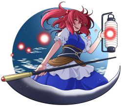 Rule 34 | 1girl, breasts, coin, coin on string, eichi yuu, hair between eyes, hair bobbles, hair ornament, holding, holding scythe, holding weapon, holed coin, japanese clothes, lantern, large breasts, looking at viewer, o-ring, obi, onozuka komachi, puffy short sleeves, puffy sleeves, red eyes, red hair, sash, scythe, shinigami, short hair, short sleeves, touhou, two side up, weapon