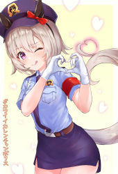 Rule 34 | absurdres, animal ears, black necktie, blue headwear, blue shirt, blue skirt, bow, commentary request, cowboy shot, curren chan (umamusume), ear bow, female service cap, gloves, heart, heart hands, highres, horse ears, horse girl, horse tail, looking at viewer, necktie, one eye closed, pencil skirt, pizza (pizzania company), police, police uniform, policewoman, purple eyes, shirt, short hair, short sleeves, silver hair, skirt, solo, tail, umamusume, uniform, white gloves