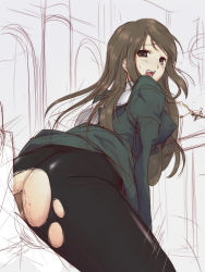 Rule 34 | 1girl, anal, ass, breasts, brown eyes, brown hair, cross, girl on top, green jacket, jacket, long hair, no panties, nun, open mouth, pantyhose, reverse cowgirl position, sex, sex from behind, straddling, sweat, teeth, tongue, torn clothes, torn legwear