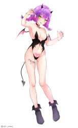 Rule 34 | 1girl, alternate costume, armpits, black choker, black footwear, black leotard, black nails, blush, bracelet, braid, breasts, buttons, choker, claw pose, clothing cutout, commentary request, demon girl, demon horns, demon tail, demon wings, double-breasted, double-parted bangs, ex idol, full body, glowing tattoo, green eyes, hair between eyes, hands up, heart, heart choker, highres, hololive, horns, jewelry, leg tattoo, legs, leotard, looking at viewer, low twin braids, medium breasts, nail polish, navel, navel cutout, pubic tattoo, purple hair, revealing clothes, simple background, solo, tail, tattoo, thighs, tokoyami towa, tongue, tongue out, twin braids, virtual youtuber, white background, wings