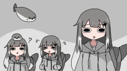 Rule 34 | 1girl, ?, absurdres, animal, animal on head, black eyes, blunt bangs, commentary, double-parted bangs, emesan desu, fins, fish, fish on head, fish tail, flying sweatdrops, grey background, grey hair, grey hoodie, hair ornament, hands up, highres, hood, hood down, hoodie, light blush, long hair, long sleeves, looking at viewer, multicolored hair, multiple views, on head, open mouth, original, personification, sacabambaspis, sidelocks, simple background, sleeves past wrists, solid oval eyes, straight-on, streaked hair, symbol-only commentary, tail, triangle mouth, two-tone background, two-tone hair, upper body