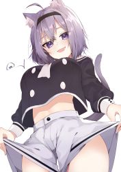 Rule 34 | 1girl, absurdres, ahoge, animal ear fluff, animal ears, black shirt, breasts, cat ears, cat tail, cowboy shot, crop top, crop top overhang, food, from below, hair between eyes, hairband, highres, hololive, large breasts, lifted by self, long sleeves, looking at viewer, looking down, midriff, nekomata okayu, nekomata okayu (casual), nekosuzu an, onigiri, open mouth, purple eyes, purple hair, shirt, short hair, shorts, shorts lift, simple background, smile, solo, standing, tail, thighs, virtual youtuber, white background, white shorts