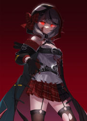 Rule 34 | 1girl, animal hood, bare shoulders, black collar, black gloves, black hair, black jacket, black thighhighs, blood, blood on face, blood on hands, blood splatter, bow, breasts, camisole, caution, cleavage, collar, commentary, daika!!, fingerless gloves, frilled camisole, frills, garter straps, gloves, glowing, glowing eyes, hair ornament, heart collar, highres, hololive, hood, hood up, jacket, large breasts, looking at viewer, medium hair, multicolored hair, off-shoulder jacket, off shoulder, open clothes, open jacket, orca hood, plaid, plaid bow, plaid skirt, pleated skirt, red background, red bow, red eyes, red skirt, sakamata chloe, silver hair, simple background, skirt, smile, solo, streaked hair, thighhighs, torn clothes, torn thighhighs, two-tone hair, virtual youtuber, white camisole, x hair ornament