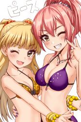 Rule 34 | 2girls, ;d, absurdres, arm around waist, bare shoulders, bikini, blonde hair, blush, bracelet, breasts, cleavage, collarbone, commentary request, fang, fingernails, frilled bikini, frills, green eyes, hair bobbles, hair ornament, halterneck, halterneck, hand up, highres, idolmaster, idolmaster cinderella girls, jewelry, jougasaki mika, jougasaki rika, long hair, looking at viewer, medium breasts, multiple girls, nail polish, one eye closed, open mouth, pink hair, ponytail, purple bikini, purple nails, siblings, simple background, sisters, small breasts, smile, swimsuit, takamiya nao, two side up, upper body, v, v-shaped eyebrows, white background, yellow bikini, yellow eyes