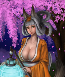 Rule 34 | 1girl, animal ears, breasts, brown eyes, cherry blossoms, cleavage, collarbone, fox ears, fox tail, hair up, huge breasts, japanese clothes, kongiku, lantern, leaf, leaf on head, lips, night, object on head, oboro muramasa, open mouth, paper lantern, realistic, ribbon, silver hair, solo, sturmjaeger (daybreaks0), tail, vanillaware