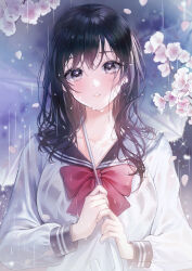 Rule 34 | 1girl, absurdres, black eyes, black hair, bow, bowtie, cherry blossoms, collarbone, commentary, duplicate, highres, holding, long hair, long sleeves, looking at viewer, original, parted lips, petals, pixel-perfect duplicate, sailor collar, school uniform, serafuku, shirt, solo, symbol-only commentary, umbrella, upper body, wet, wet clothes, wet shirt, white shirt, yuna (deadawon)