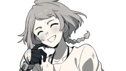 Rule 34 | 1girl, asada hachi, blush, braid, braided ponytail, commentary request, decadence (anime), dirty, dirty face, closed eyes, facing viewer, greyscale, grin, hand up, highres, monochrome, natsume (decadence), prosthesis, prosthetic arm, shirt, short hair, smile, solo, upper body, white background