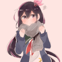 Rule 34 | 1girl, black cardigan, blush, brown background, cardigan, closed mouth, crescent, crescent pin, fringe trim, green sailor collar, grey scarf, hair between eyes, hair ornament, itomugi-kun, kantai collection, kisaragi (kancolle), kisaragi kai ni (kancolle), long hair, long sleeves, looking at viewer, lowres, neckerchief, open cardigan, open clothes, pout, purple eyes, purple hair, red neckerchief, sailor collar, scarf, school uniform, serafuku, simple background, solo, upper body