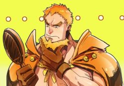 Rule 34 | 1boy, beard, blonde hair, brown eyes, cape, charlotte oven, facial hair, gloves, male focus, mirror, multicolored hair, one piece, orange hair, topless male, solo, two-tone hair, yellow background
