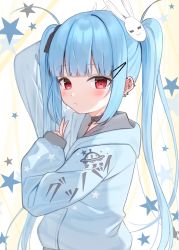 Rule 34 | 1girl, ahoge, arm behind head, arm up, black bow, blue hair, blue hoodie, blunt bangs, blush, bow, closed mouth, commentary request, ear piercing, goodbye sengen (vocaloid), hair bow, hair ornament, hairclip, highres, hood, hood down, hoodie, long hair, long sleeves, looking at viewer, original, piercing, puffy long sleeves, puffy sleeves, rabbit hair ornament, red eyes, sleeves past wrists, solo, star (symbol), starry background, tsukiman, twintails, v, very long hair, vocaloid
