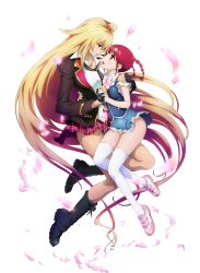 Rule 34 | 10s, 2girls, absurdres, blonde hair, blue skirt, blush, breasts, brown eyes, cleavage, couple, eye contact, fingerless gloves, full body, gloves, hair ornament, highres, kaneko hiraku, long hair, looking at another, multiple girls, necktie, official art, open mouth, red eyes, red hair, school uniform, shikishima mirei, short hair, size difference, skirt, smile, thighhighs, tokonome mamori, twintails, valkyrie drive, valkyrie drive -mermaid-, very long hair, white legwear, yuri