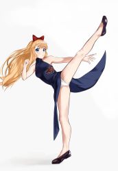 Rule 34 | 1girl, absurdres, armpit peek, bare shoulders, blonde hair, blue eyes, blush, bow, china dress, chinese clothes, dress, full body, hair bow, highres, keibi inu, kicking, long hair, looking at viewer, open mouth, panties, simple background, solo, toshinou kyouko, underwear, white background, white panties, yuru yuri