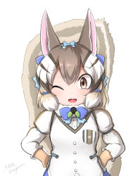 Rule 34 | 1girl, animal costume, animal ear fluff, animal ears, bow, bowtie, brown eyes, brown hair, chipmunk ears, chipmunk girl, chipmunk tail, extra ears, gloves, kemono friends, kemono friends v project, looking at viewer, microphone, multicolored hair, one eye closed, open mouth, ribbon, shirt, siberian chipmunk (kemono friends), simple background, smile, solo, tail, taurine 8000mg, virtual youtuber, white hair